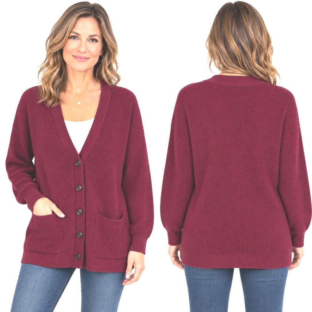 LOFT Womens XL Burgundy Red Shaker Stitch Cotton Button Front Cardigan Sweater